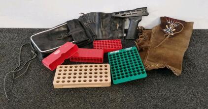 Vintage Metal Foregrip with RCBS Reloading Blocks and Leather Accessories