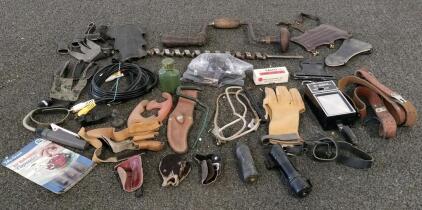 Mixed Lot Archery Leather Arm Guards, Gloves, Manual Drill, B-Safe Device, Reloading Die, Knife