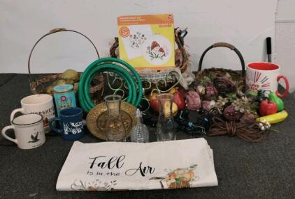 Mixed Lot: Autumn Home Decor, Mugs, Faux Fruit, Baskets, Glassware, Target Embroidery Kit