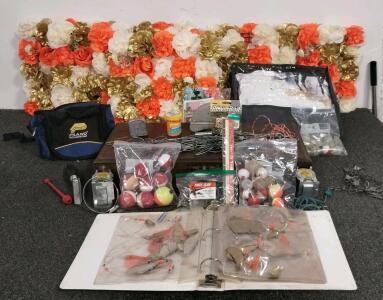 Plano Weekend Series Softsider Tackle Bag 3700 with Assorted Fishing Gea, flower wall, and more