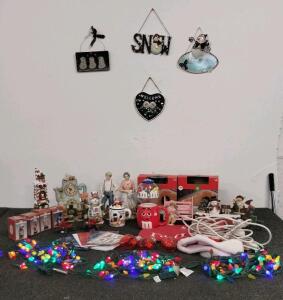 Large Christmas Holiday Decor Lot, Figurines, String Lights, Wall Signs, Cards, M&Ms Collectibles