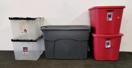 Sterilite 18-Gallon Red Totes, Commander 12-Gallon Clear Flip-Top Crates, Contico Gray Tote