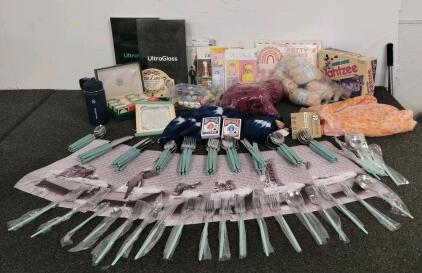 Mixed Lot: Debbie Bliss Cashmerino Yarn, Vintage Yahtzee Game, Cutlery, Patterns, Home D&eacute;cor