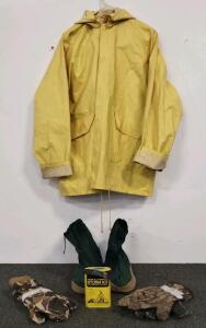 Storm Survival Kit: Large Yellow Rain Jacket, Camo Mittens & Gloves, Weatherproof Boots, Storm Canister