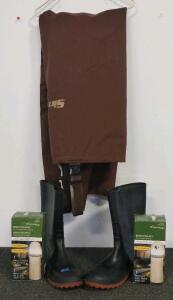 Simms XL Chest Waders with Integrated Size 13 Rubber Boots, Brown, Made in Canada