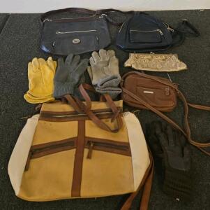 Mixed Lot: Women's Handbags (St. John's Bay, Tote, Backpack, Clutch) & Assorted Work/Winter Gloves