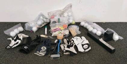 Golf Accessories Lot: 15+ Balls, 5 Gloves, Tees, Tools, Stinger Cleats, Cart Hitch Receiver