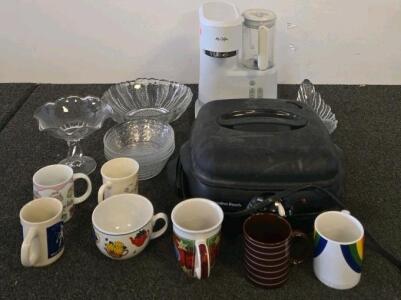 Mr. Coffee Iced Coffee Maker, Hamilton Beach Grill, Assorted Glass Bowls & 8 Ceramic Mugs (shelf p)