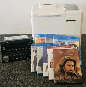 Breadman TR-500B Bread Maker (tested, works), iRV Technologies iRV32 AV Receiver, 10 Blu-ray Movies