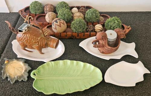 Rustic Decorative Set: 3 Handcarved Wooden Dough Bowl Trays & 3 Ceramic Fish/Leaf Platters (R)