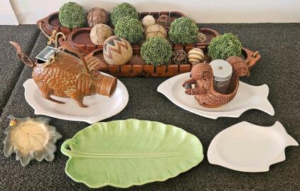 Rustic Decorative Set: 3 Handcarved Wooden Dough Bowl Trays & 3 Ceramic Fish/Leaf Platters (R)