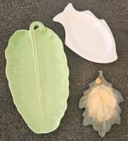Rustic Decorative Set: 3 Handcarved Wooden Dough Bowl Trays & 3 Ceramic Fish/Leaf Platters (R) - 2