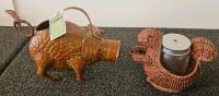 Rustic Decorative Set: 3 Handcarved Wooden Dough Bowl Trays & 3 Ceramic Fish/Leaf Platters (R) - 6