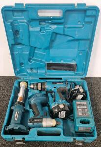 Makita Cordless Power Tool Kit with Drill, Impact Driver, Work Light, 14.4V Ni-MH Batteries, and Charger (all tested and work)
