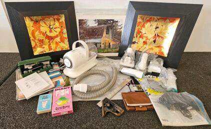Neakasa home use grooming and vacuum set, Singer buttonholer, framed artwork, leather wallet, card games and more