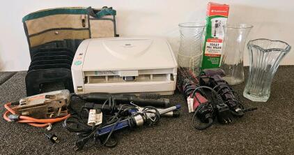 Canon DR-1210C Scanner (missing cord), Black & Decker 7515 Jigsaw (tested, works), 5 Hair Tools, Fluidmaster Fill Valve, Vases (H)