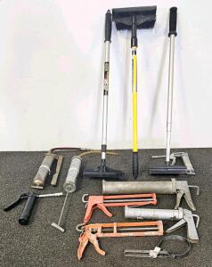 Mixed Lot: Grease Guns, Caulking Guns, Extendable Snow Brushes, Assorted Tool Collection