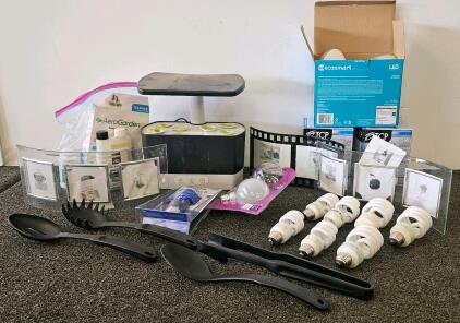 AeroGarden Harvest Hydroponic Garden, TCP/Ecosmart LED Bulbs, Curved Photo Frames, Utensils Lot (J)