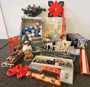 Large Mixed Lot Christmas Ornaments, Orange Halloween Lights, Stockings & Small Hand Tools, 100+ Pieces, New/Used (P)