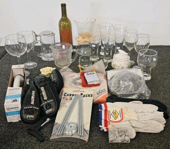 Mixed Lot of Household Glassware, Gloves, and Camping/Utility Items (Used)