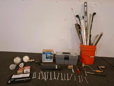 Mixed Hand Tools Lot, Pittsburgh 6" Digital Caliper, Wild Birds Unlimited Dripper-Mister Kit, ( powered on) wrenches, long level and more