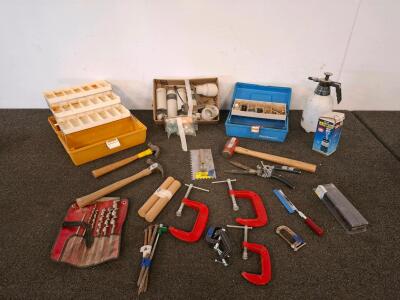 Mixed lot of tools, clamps, drill bit set. Hammers, tackle boxes, sprayer, camping lantern, yard lights. And more