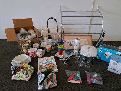 Large Mixed Lot Household Kitchenware, Electric Grill, ( powered on) Bulbs, Decor, Handbag, Cookbook