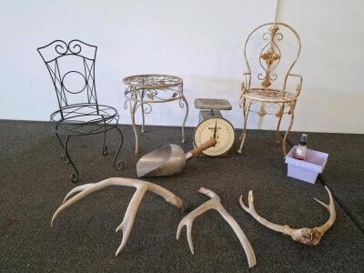 Decorative chair and table plant stands. Vintage scale. Deer antlers. Vintage scoop and more ( shelf Q)