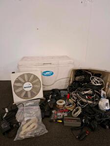 Coleman Marine Cooler 100qt, Endless Breeze 12V Fan( powered on) , Large Lot Electronic Cables/Adapters