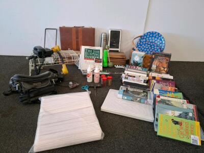 24+ Audiobook Cassette Lot w/ onn. Cassette Player, Grisham, C.S. Lewis, Braun, Craft Supplies, wood and more