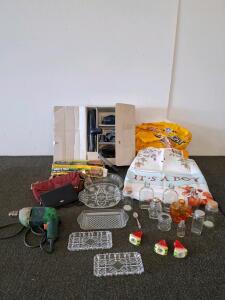Mixed Lot &ndash; Kirby Tradition Vacuum Accessories, Vintage Glassware, Power Drill,( powered on) Decorative glassware. ( shelf C)