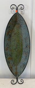 Large Hammered Metal Decorative Tray with Wrought Iron Handles and Feet, 32" x 10" x 6"
