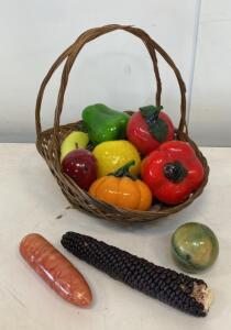 Decorative Ceramic Fruit & Vegetable Set in Wicker Basket &ndash; 9 Pieces