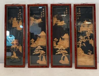 Set of 4 Chinese Hand-Carved Cork Relief Panels, Red Wood Frame, 24"x8" Landscape Art