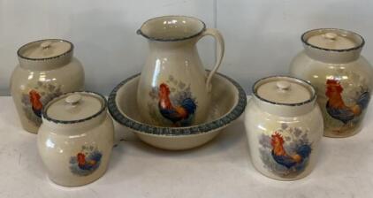 Home & Garden Party Rooster Ceramic Canister & Pitcher Set, Hand-Painted, June 2001
