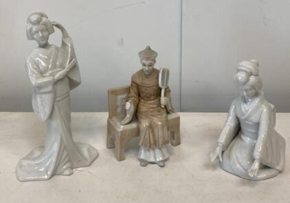 Set of 3 Asian Porcelain Figurines, 2 Geisha and Nobleman, 1950s-70s, 11"/9"/7" Tall