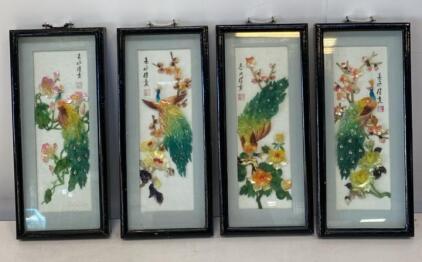Chinese Hardstone Inlay Wall Art Panels, Birds & Flowers, Signed, Set of 4, 6x14" Black Frames