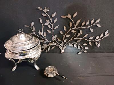 Vintage Silver-Plated Chafing Dish w/ Burner, Ornate Feet & Leaf Branch Metal Wall Decor