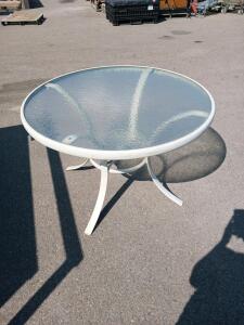 48" Round Outdoor Patio Table, Glass Top, White Metal Frame, Umbrella Hole