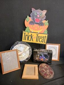 Mixed Home Decor Lot: Halloween Yard Sign, LED Candles, Wisconsin Cheese Plate, Photo Frames