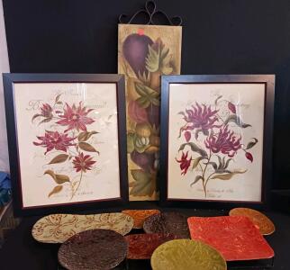 Framed Botanical Prints & Decorative Fruit Plaque Set with 8 Embossed Ceramic Plates, 16"x20" Art (G)