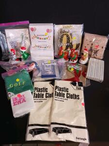 Mixed Lot Party Supplies, 2 Plastic Tablecloths 54"x108", EUOPHYM Garland, Napkins, Figurines
