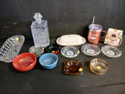 Mixed Lot Barware: Glass Decanter, Vintage Ashtrays B87, Bowls, Tumbler, Holiday Ceramic (G)