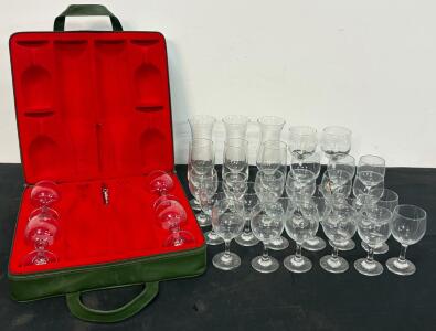 Vintage Glassware Set, Carrying Case, and Corkscrew