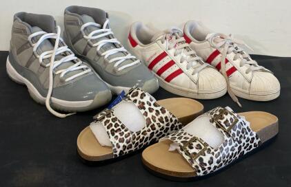 Air Jordan 11 Cool Grey Size 7.5, Adidas Superstar Red/White Size 6, Dunham Leopard Sandal 8.5