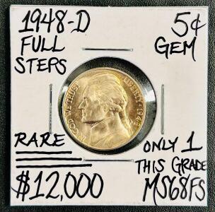 1948-D Jefferson Nickel MS68FS Full Steps, Rare, $12,000 Value, Nearly Perfect, 5&cent; Denver Mint