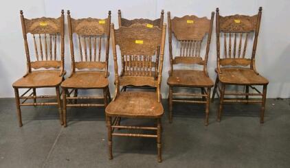 Set Of 3 Victorian Oak Pressed Back Dining Chairs, Ornate Spindle Design, Circa 1890&ndash;1920