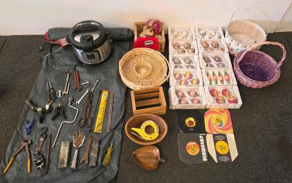 Mixed Lot: Instant Pot Duo, Vintage Tools, Boxed Ornaments, 45 RPM Vinyl Records, Wicker Baskets (Shelf A) 5000s