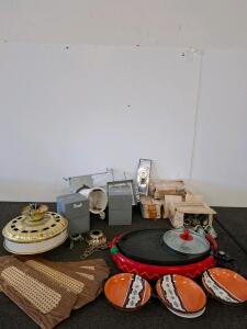 Lot of Electrical Fixtures: Vintage Ceiling Fan, Midland-Ross Fittings, Can Lights, Glacier Bay Drain Kit , fajita making kit, electric skillet, tortilla warmer( powered on), plates ( shelf B)