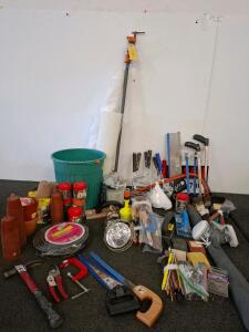 Mixed Lot Painting Tools &ndash; ACE, Norton Brushes, Rollers, Sanding Blocks, Respirator, Hardware, hand saws, clamp, hammer, ground cover, pots, nails/ hardware and more